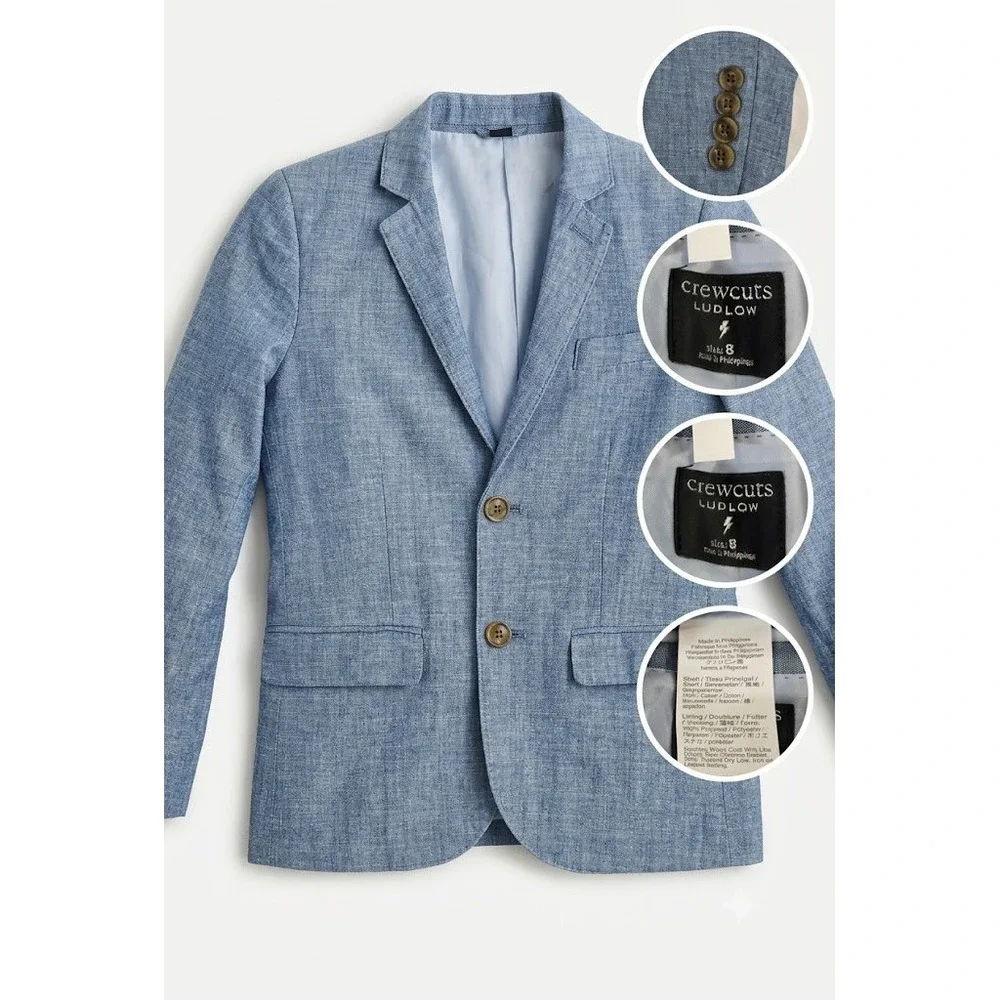 Crewcuts J Crew Boys 8 Blue Cotton Chambray Ludlow Suit Blazer Jacket BW483